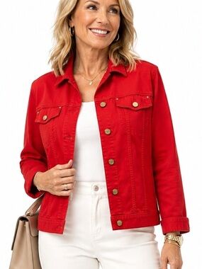 Laura Plus Petites Red Denim Trucker Jacket Gold Hardware Rhinestone Accent 1878